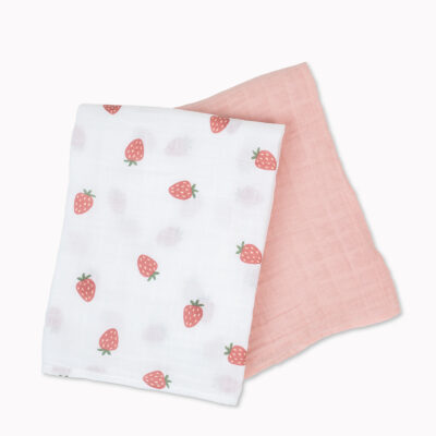 Lulujo Cotton Swaddles - Strawberries & Pink - 28x28"