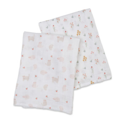 Lulujo Cotton Swaddles - Kitty Cats & Flowers - 40x40"