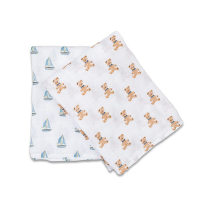 Lulujo Cotton Swaddles - Vintage Teddy Bears & Sailboats - 40x40"