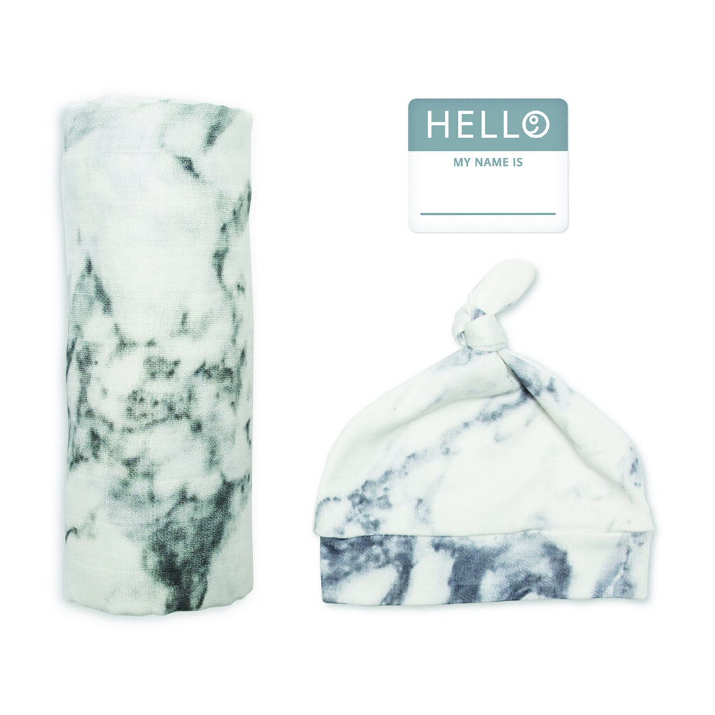 LJ643 Lulujo Hello World Hat & Swaddle Set - Marble