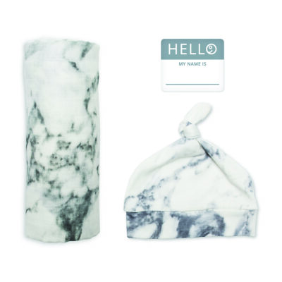 LJ643 Lulujo Hello World Hat & Swaddle Set - Marble