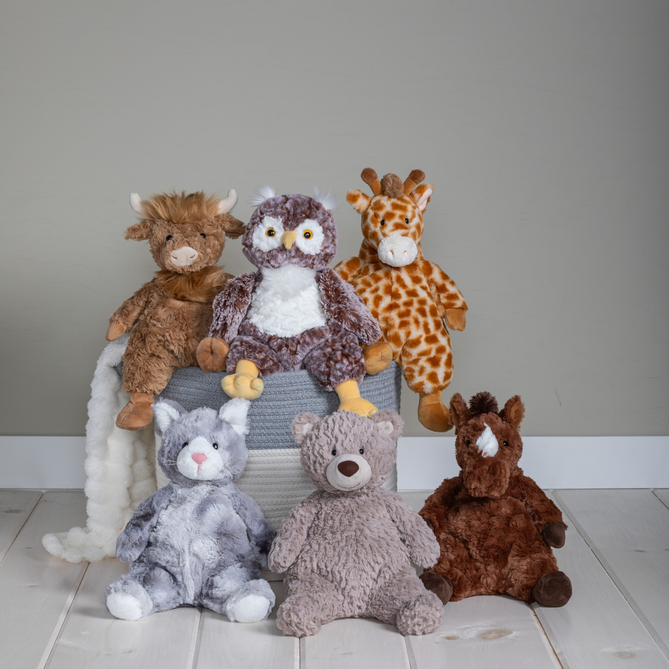 Snuggables Highland Cow, Owl, Giraffe, Kitty, Teddy Bear, Pony Horse